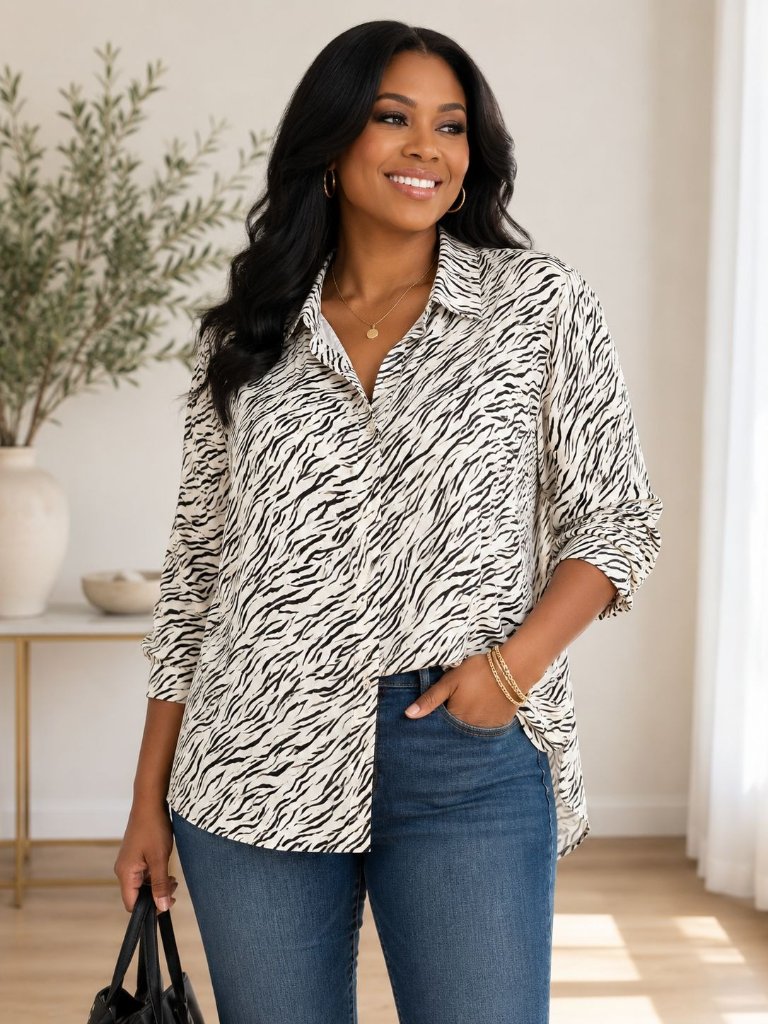 Jane + Delancey Zebra Print Button Down Blouse Black White Safari Chic 3x